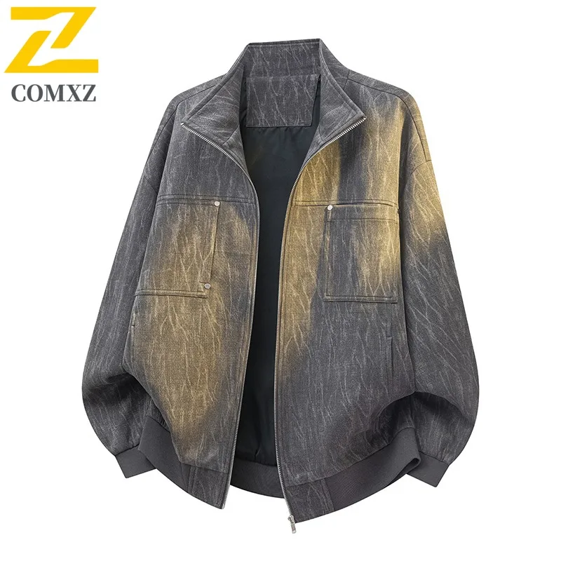 

2025Men Retro Baseball Jacket Autumn Waterproof Leather Aviator Outerwear Loose Fit Stand Collar Motorcycle American Style Coat