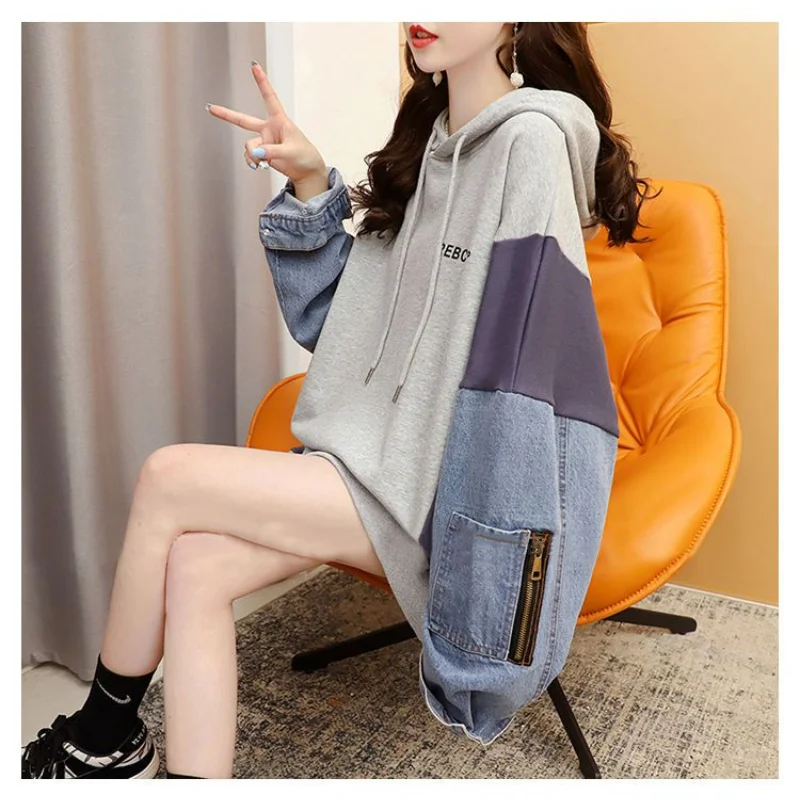 Women Spring Autumn Korean New Hooded Sweatshirts Fashion Design Denim Splicing Zipper Letter Casual Long Sleeved Versatile Tops