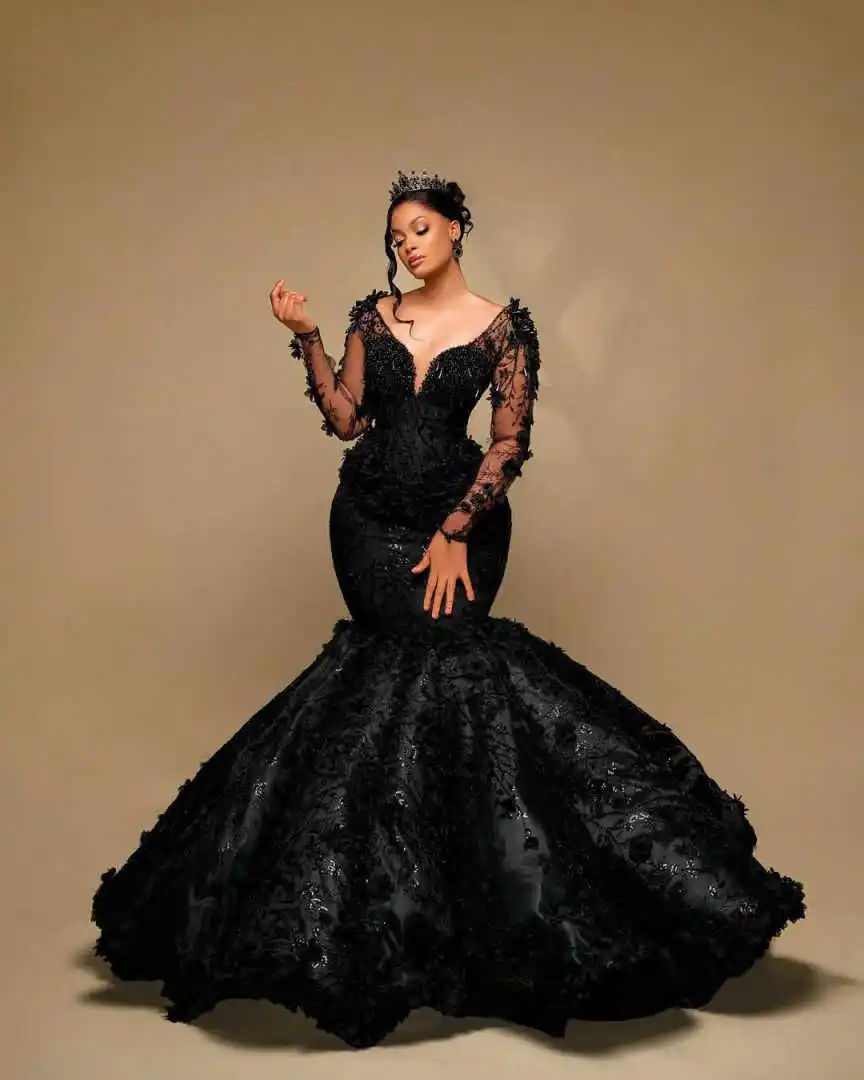 Robes de mariée sirène scintillantes, col en v, avec des Appliques en dentelle et des paillettes perlées, robes de soirée, grande taille, personnalisées