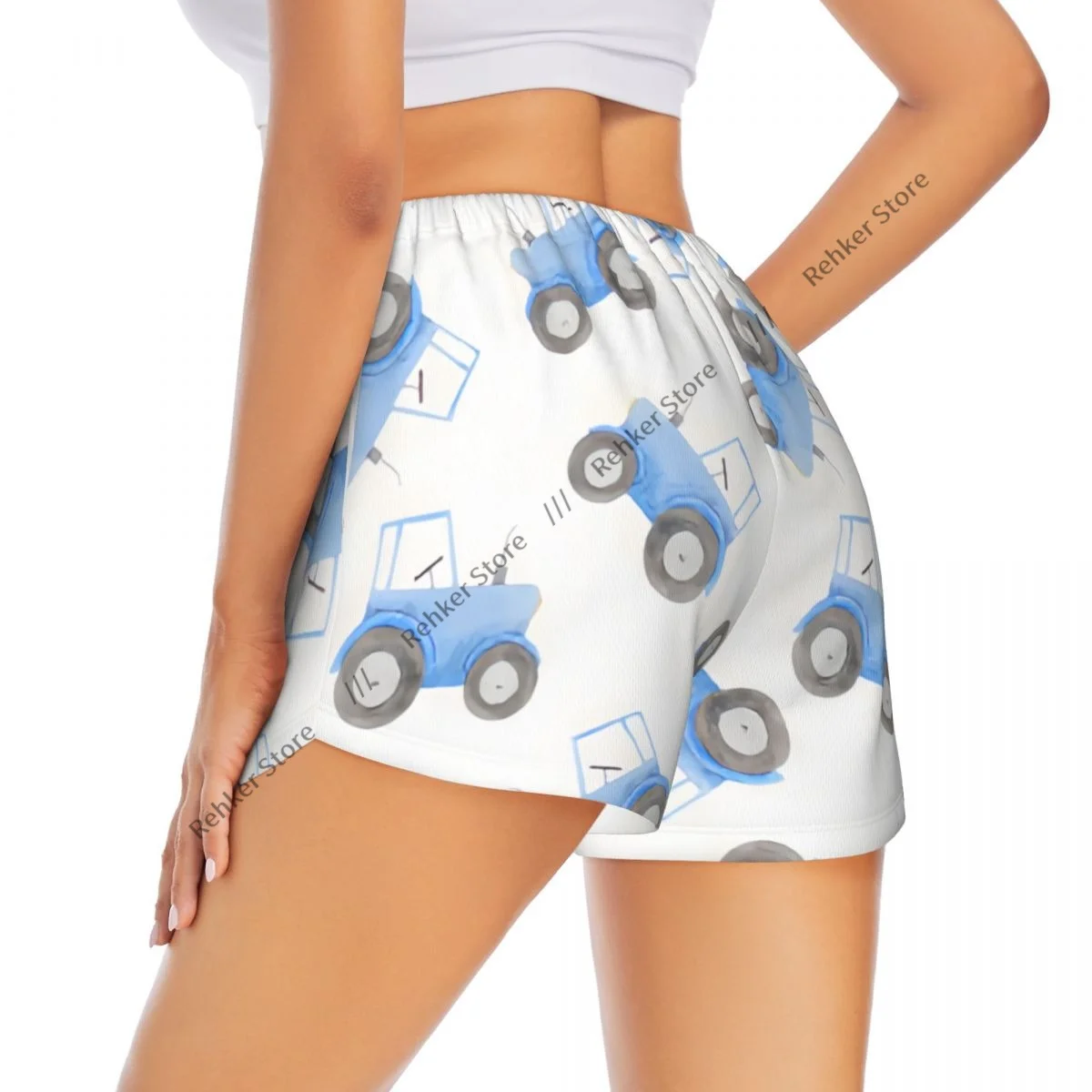 Shorts esportivos femininos ilustração de trator azul corrida yoga fitness treinamento de badminton de secagem rápida com bolso