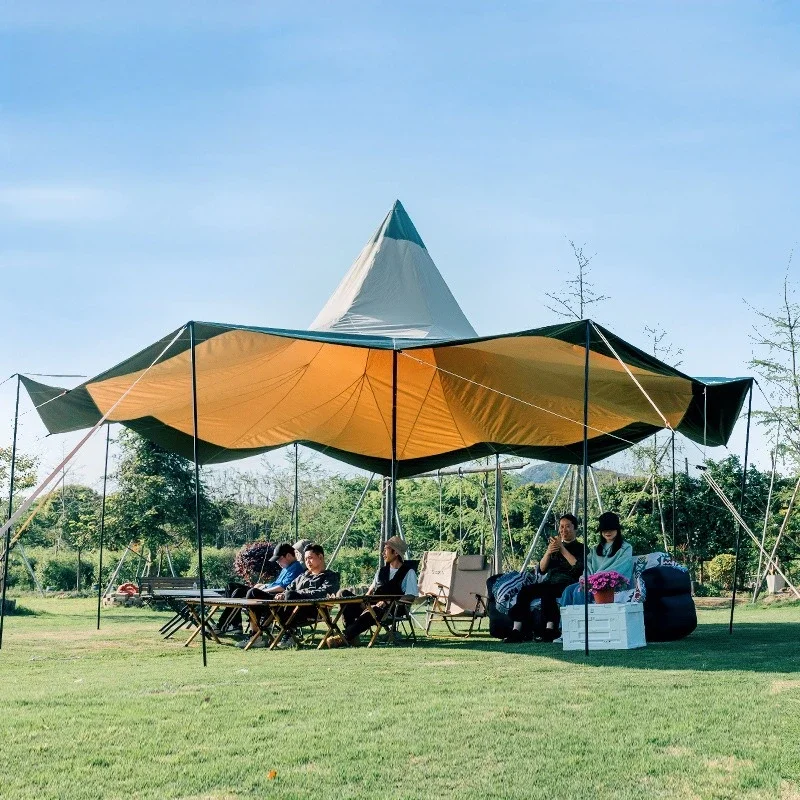 Outdoor tents, campsites, large canopy pyramids, rain protection