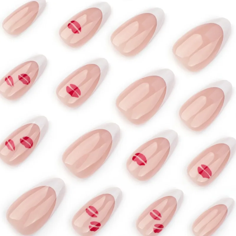 24 Pcs French White Nails Acrylic Press on Full Set Short Almond Presson Nails Romantic Red Lipstick Nail Tips 2024 Fake Nails