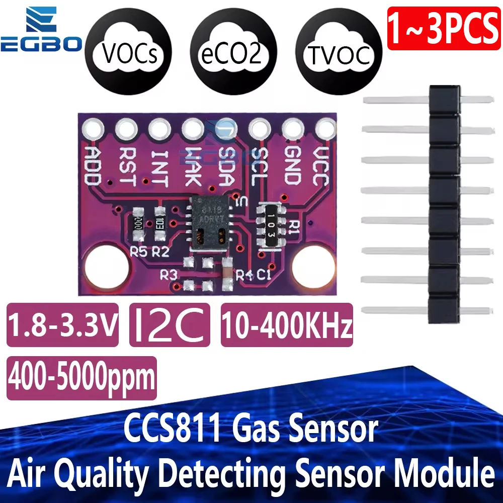 1~3PCS EGBO Gas Sensor Carbon Dioxide Detection Sensor Module CCS811 CO2 eCO2 TVOC Air Quality Detecting I2C Output CJMCU-811