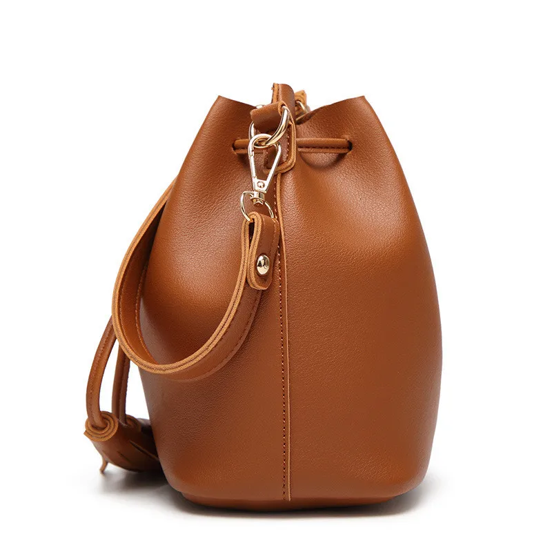 Fashion Women Drawstring Bucket Shoulder Bag Female PU Leather Tote Pouch Crossbody Messenger Bag Handbag for Ladies Girls