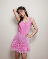 New Fashion Sexy Sleeveless Fringe Feather Solid Color Slim Fit Shirt+Skirt For Women,3 Colors
