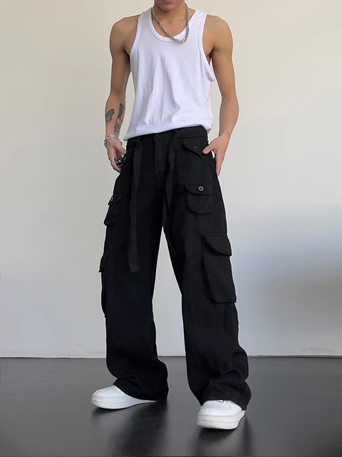 Monos retro informales con bolsillos grandes para hombres y mujeres pantalones de pierna ancha drapeados de tubo recto suelto de cintura alta nuevo verano High street