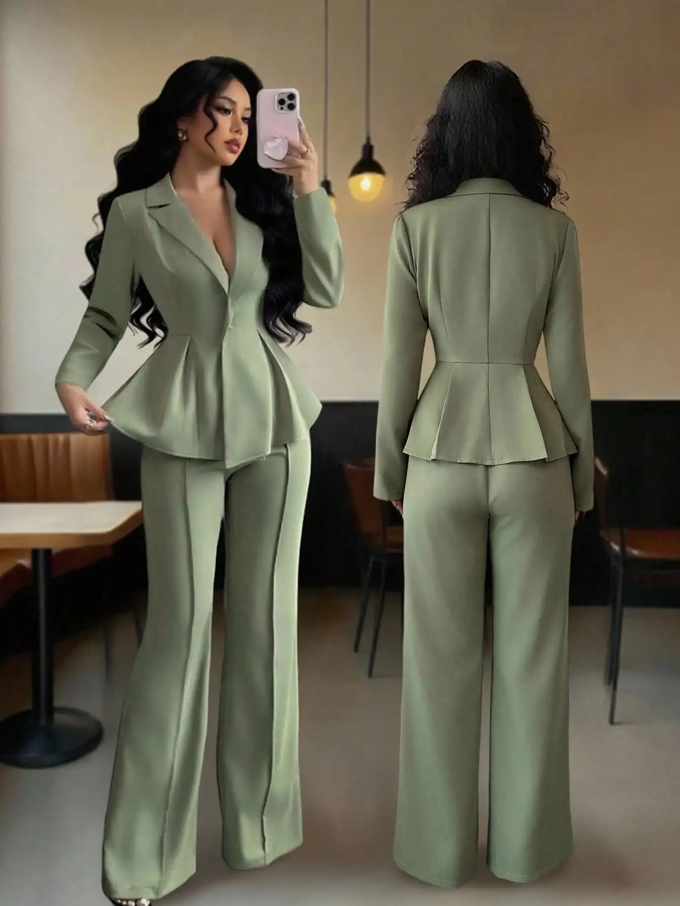 

Женский костюм с пиджаком-пеплум и расклешенными брюками, элегантный наряд для офиса и свиданий, цвет шалфейно-зеленый