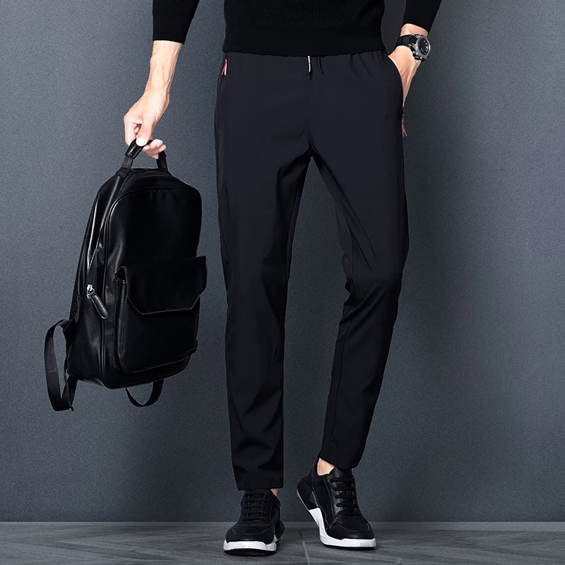 

Summer Thin Slim Straight Casual Pants Stylish Solid Color Sports Men's Clothing Elastic All-match Drawstring Zipper Trousers