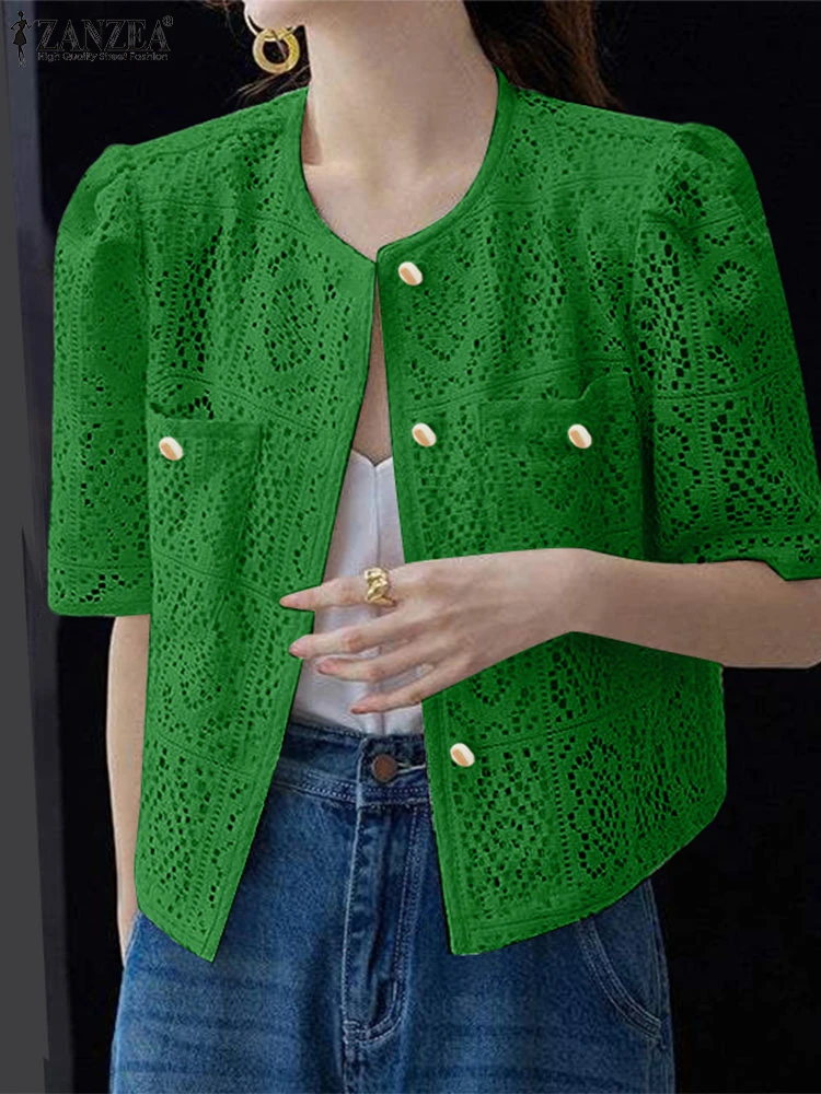 

Fashion Lace Shirts Women Summer Cardigans Short Sleeve Tops ZANZEA 2025 Solid Blusas Casual O Neck Tunics Oversized