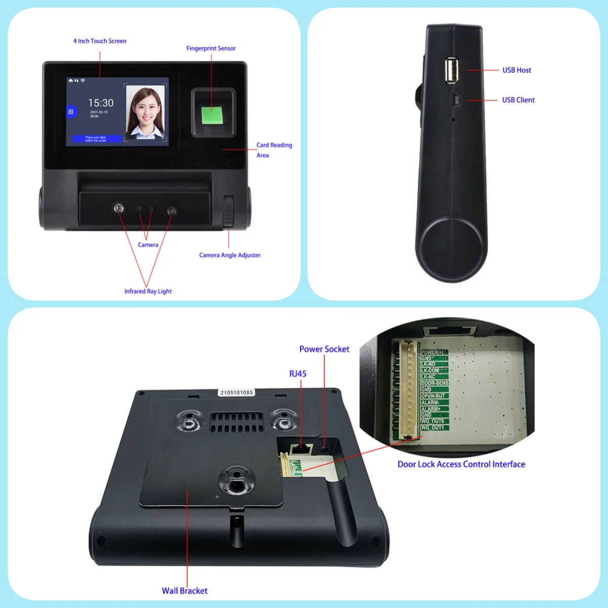 WiFi Face Time Attendance and Access control Empolyee Time Record System Tcp/ip Face and Fingerprint Time Clock