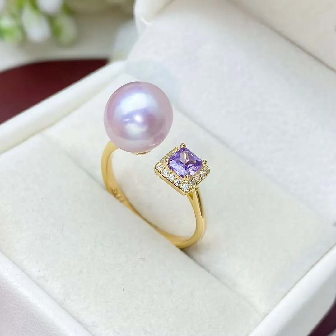 

MeiBaPJ 9-10mm Natural Nearround Pearl Fashion Purple Zircon Ring DIY 925 Silver Holder Setting Fine Wedding Jewelry for Women