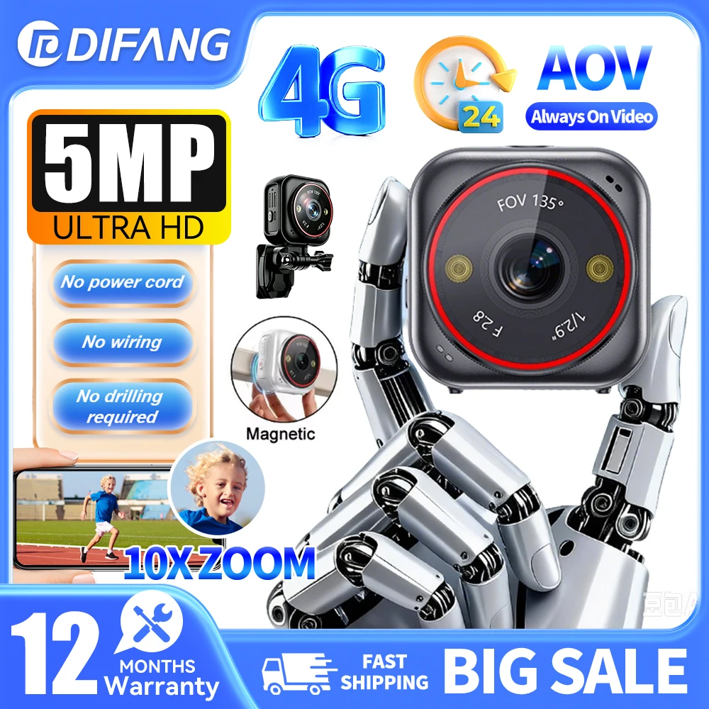 

5MP Mini Pocket Outdoor AOV Camera 4G SIM 135°Ultra Wide Angle Home Surveillance Camera 12X Optical Zoom Portable Action CCTV