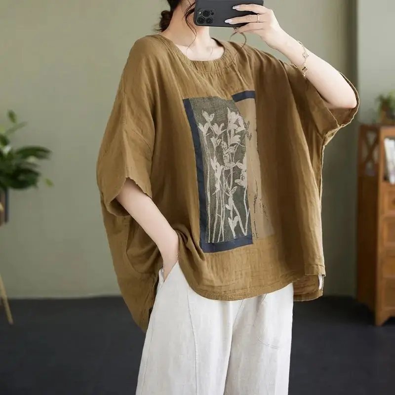 2024 Summer New Women Retro Commute Solid Color Pullover Round Neck Loose Printed Cotton Linen Short Sleeve Casual T-shirts Tops