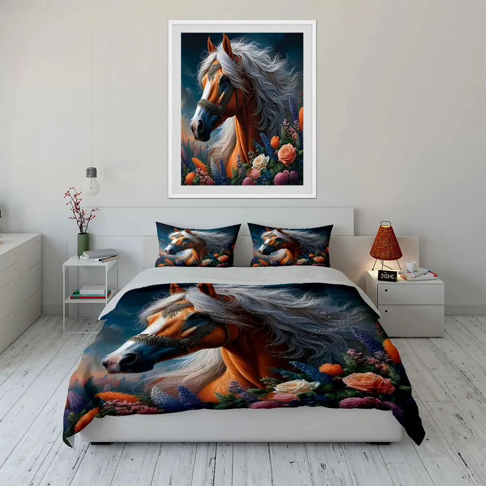 White-maned horse with vibrant flowers Pattern Duvet Cover Set Digital Print Colorful Polyester Bedding with Zipper Closur gifts