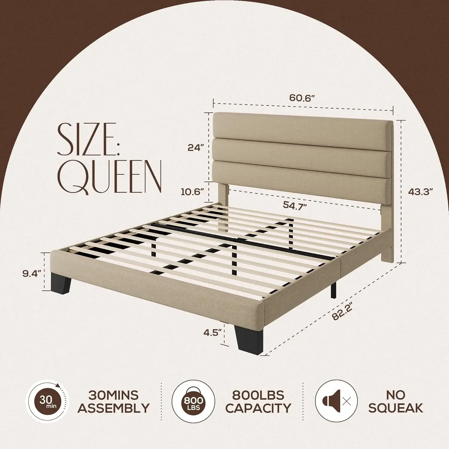 Queen Bed Frame Platform Bed with Linen Fabric Upholstered Headboard and Wooden Slats Support.