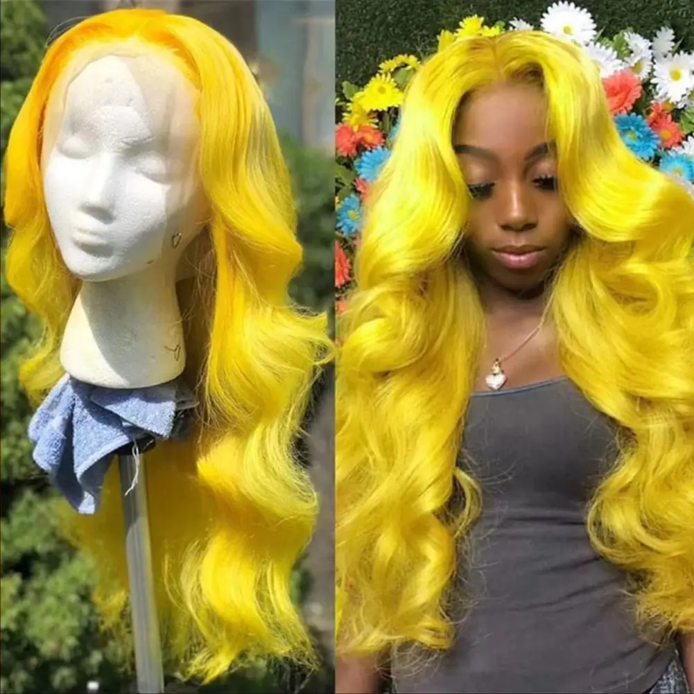 Yellow 13x4 HD Lace Frontal Wig Synthetic Heat Resistant Glueless Preplucked Invisible Hairline Wigs For Women Party Cosplay Use