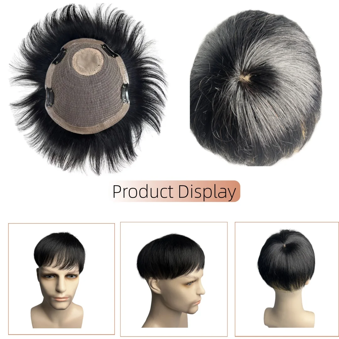 Rambut palsu pendek alami untuk pria, gaya rambut toupee hitam, rambut manusia, topper untuk pria, ekstensi rambut jepit untuk kebotakan dan kerontokan rambut