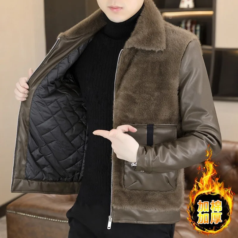 Winter Leather and Fur Integrated Jacket Men Thickened and Warm Faux Fur Jacket Casual Business Social Overcoat Men Clothing