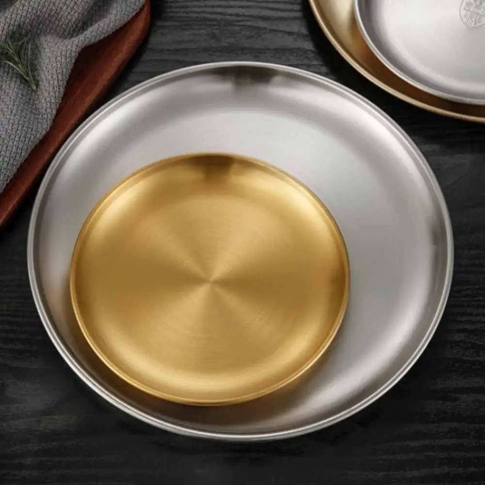 Stainless Steel Dining Plate Golden Dishes Round Tray Cake Western Steak Makeup Tray Tablewares Korean Style Kitchen Tools