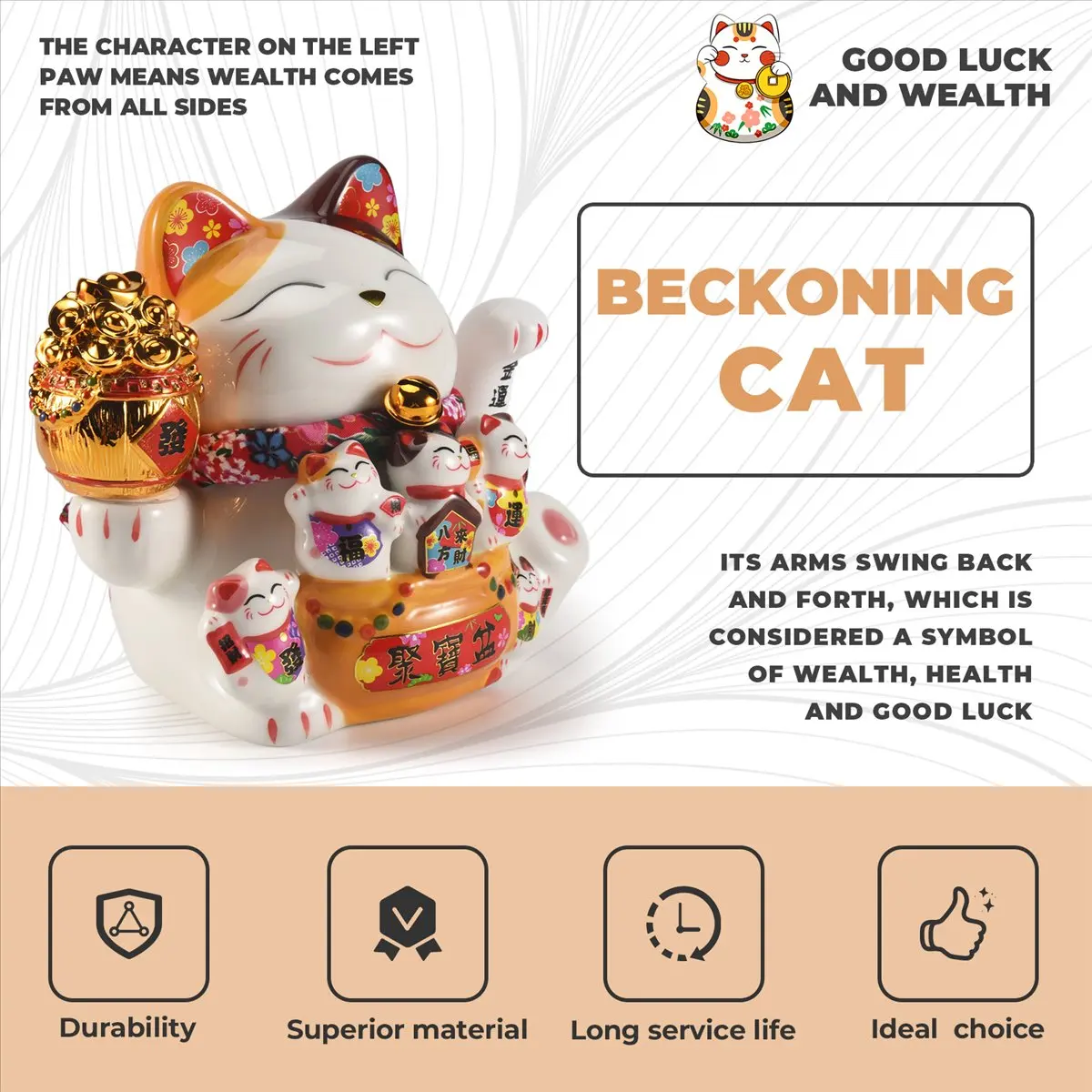 ABFS 7Inch Ceramic Beckoning Cat Maneki Ornament Feng Shui Decoration Swing ,A