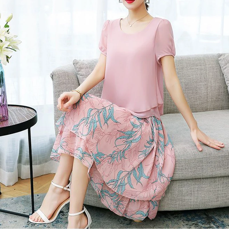 Two Peice Set for Women Korean Fashion Double Layer Short Sleeve Blouse Summer Sweet Floral Print Ruffle Skirts Elegant Outfits