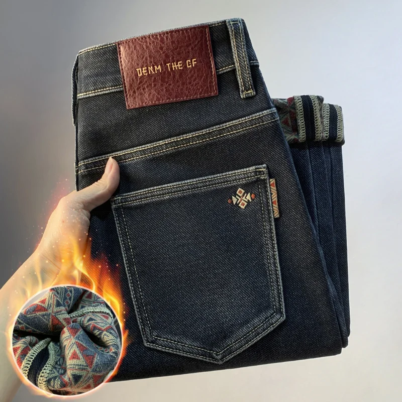 2025 Winter Thick Jeans Men's Trendy New Warm and Thick Fleece Printed High end Pants for Men