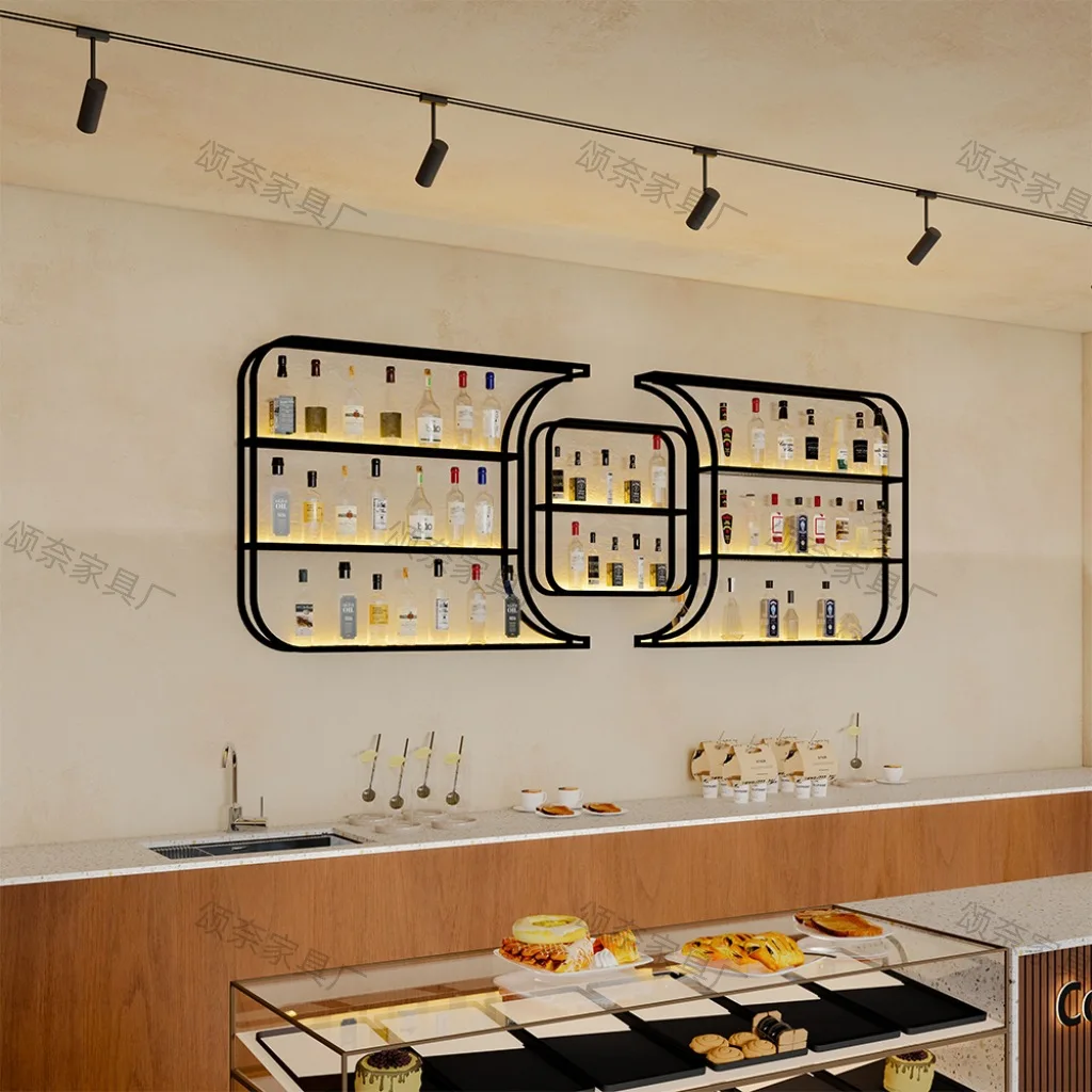 Restaurant wall-mounted wine cabinet display cabinet store simple wall wine rack bar wrought iron luminous wine rack display