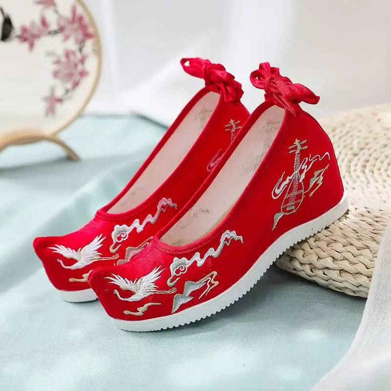 

Woman Increased Internal Embroidered Shoes Ethnic Style Cocked Shoes Toe Shallow Ankle Strap Hanfu Shoes Red Wedding Shoes