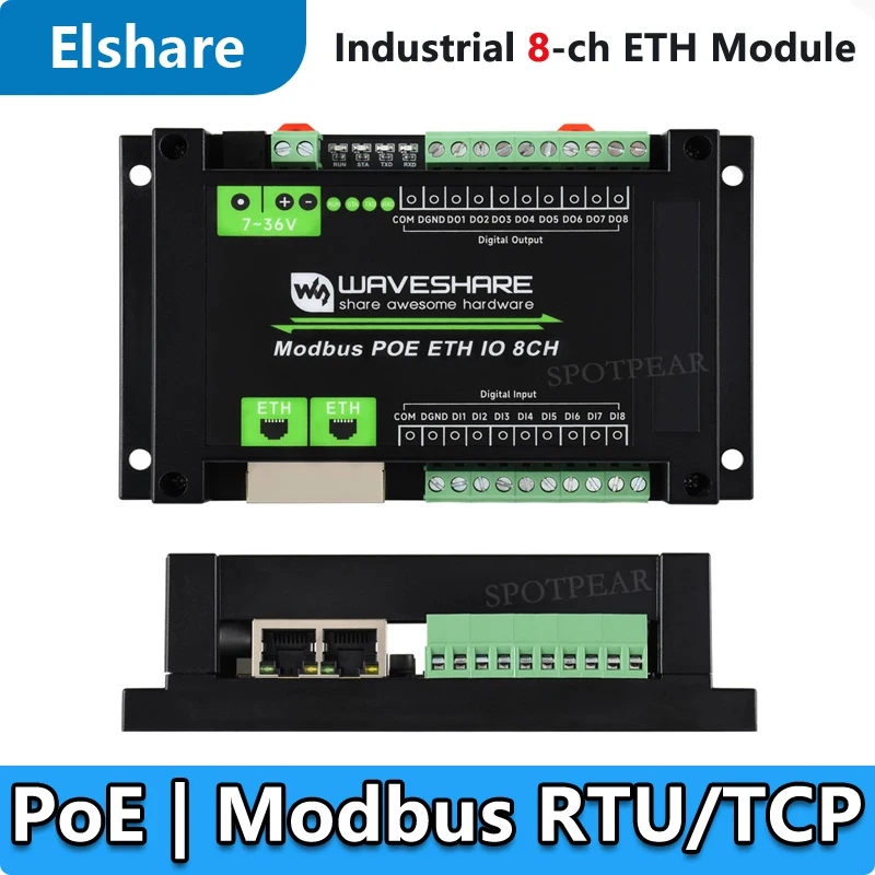 Industrial Grade ETH Ethernet 8-Channel Relay Module, Modbus, PoE Power Supply