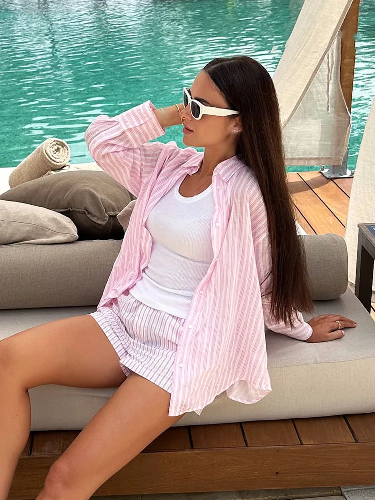 HH Woman\'s Fashion Suits Stripe Turn Down Collar Long Sleeves Single-Breasted Shirts+High Waist Pocket Shorts Female Sets