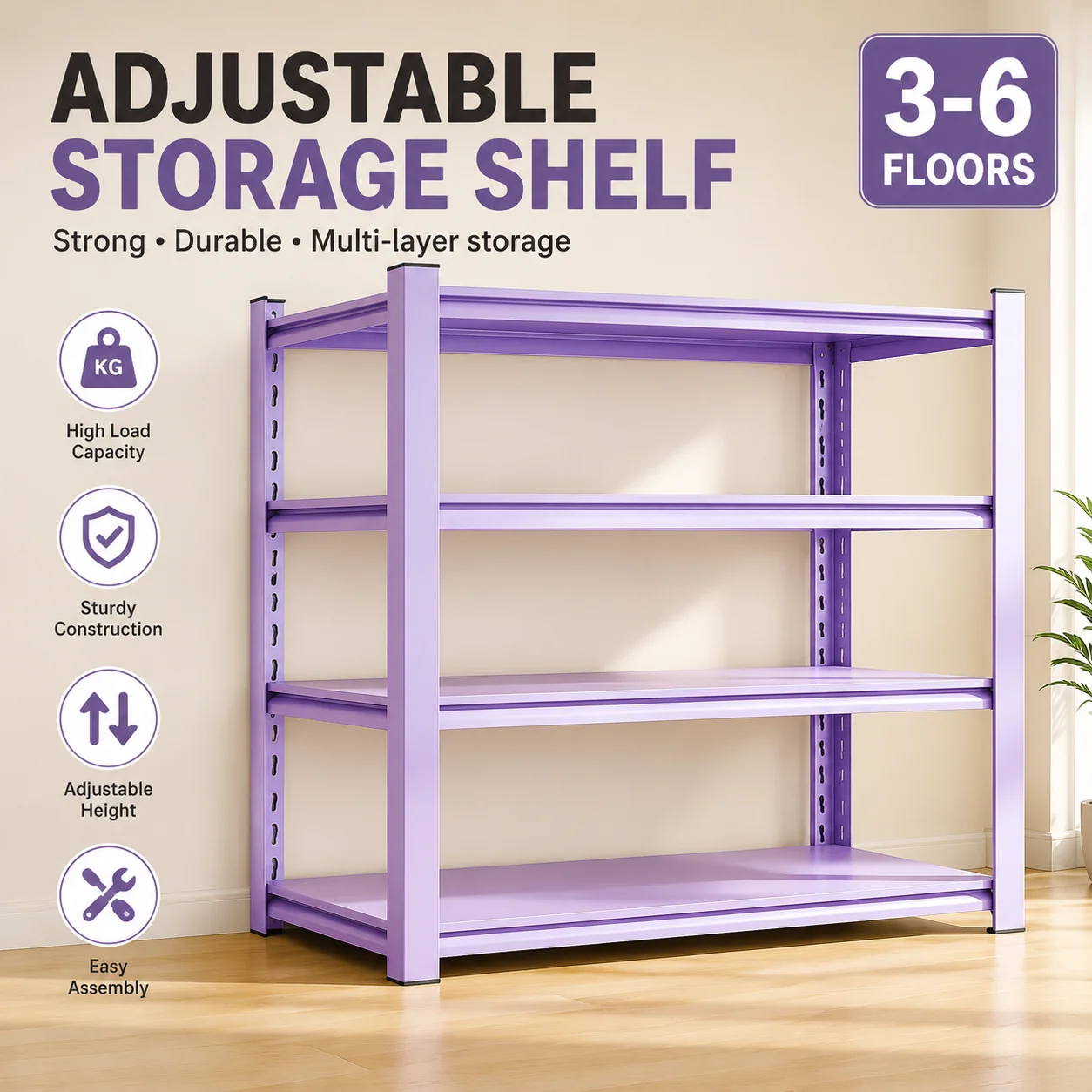 Heavy-Duty Steel Multi-Tier Floor Shelving Rack for Kitchen, Balcony & Home Storage – Purple