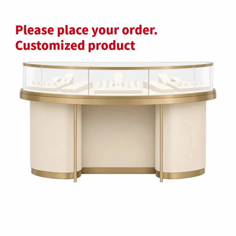 custom.Custom Metal Wooden Structure Jewelry Island Display LED Lit Glass Showcase Retail Store