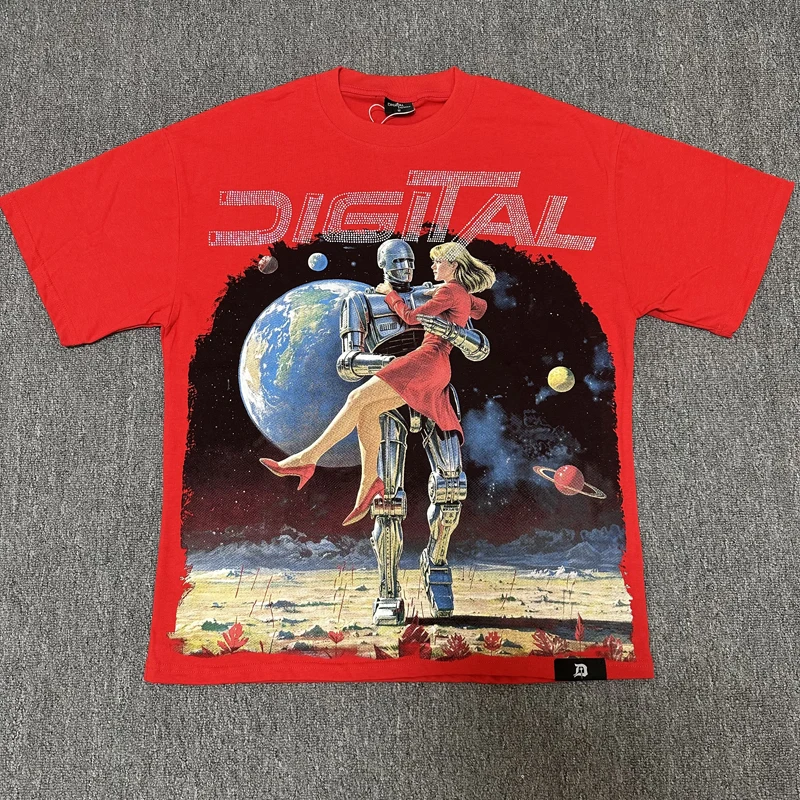 Red Y2K Cyber Robot Space Graphic Tee Men Rhinestone Big D Star Back Print Streetwear Digital T-shirt