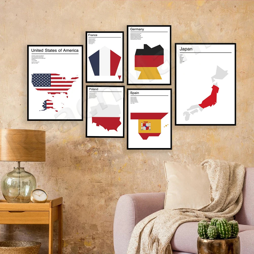 Alemania - Japón - Polonia - Francia - España - Estados Unidos de América Mapa geométrico minimalista Póster Impresión en lienzo