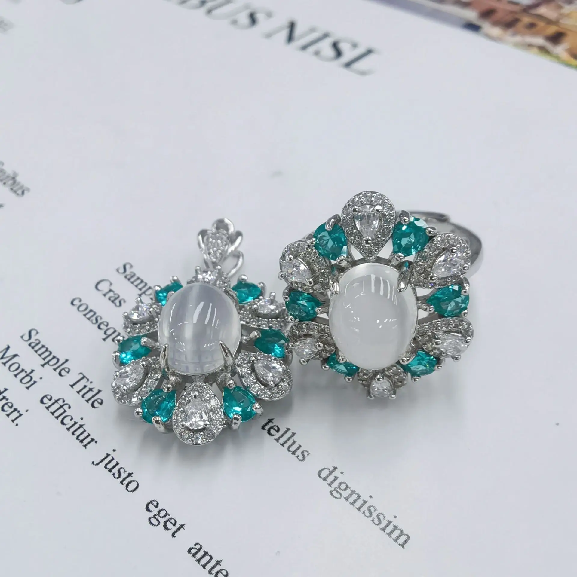 Natural Moonstone Jewelry Set White Gold Plated, S925 Silver Necklace Ring Adorable Set