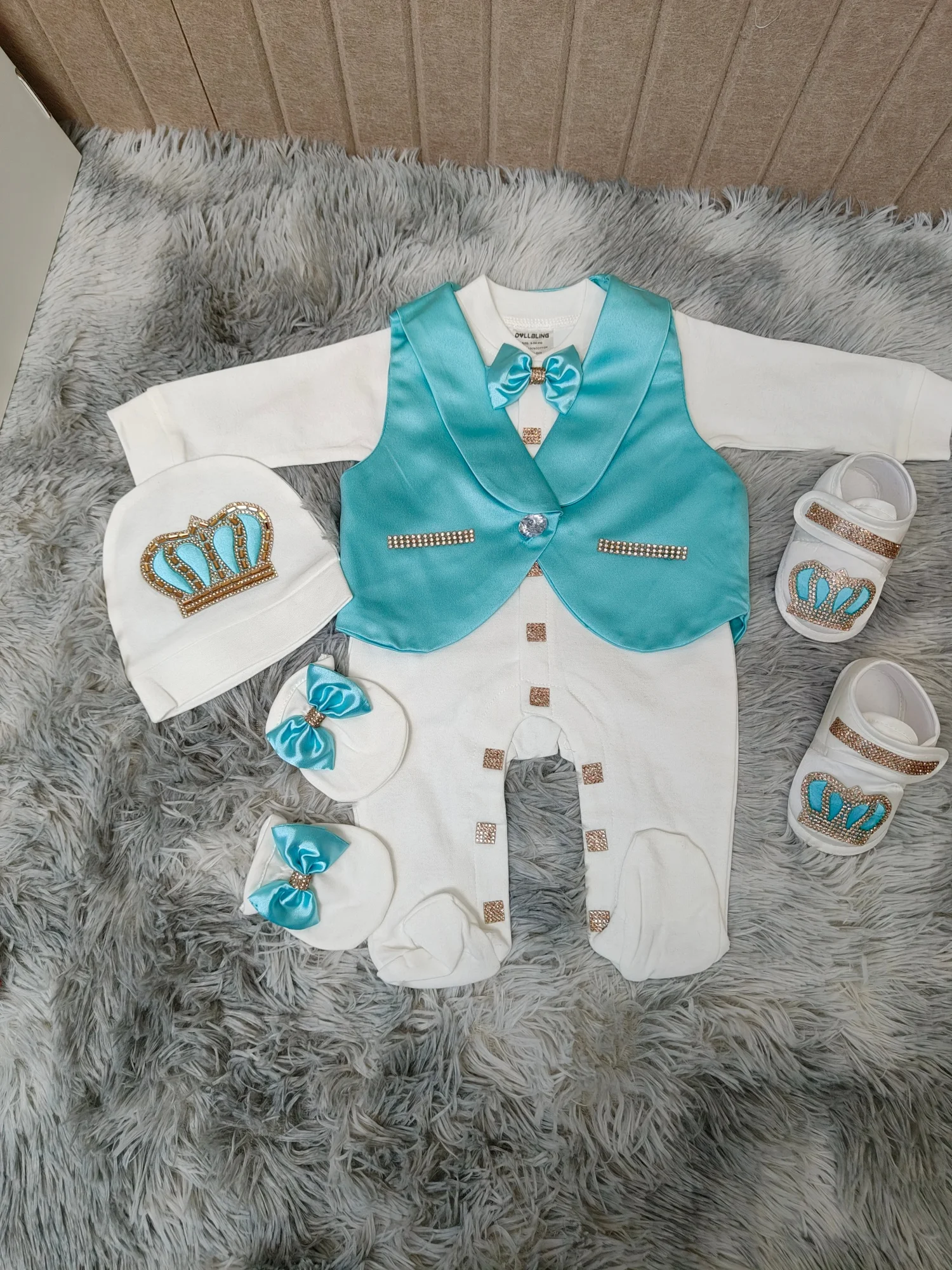 Newborn Baby Footed Romper 0-9 Months 5Pcs All White Mint Green Satin Vest Bow Tie Rhinestone Crown Long Sleeve Footed Jumpsuit