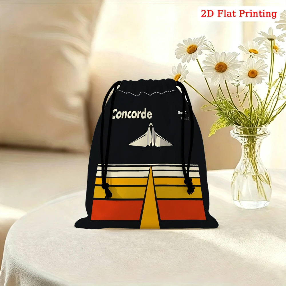 1pc Vintage Concorde Aircraft Drawstring Bag Black Yellow Red Retro Airplane Print Storage Small Pouch Travel Organizer Cosmetic