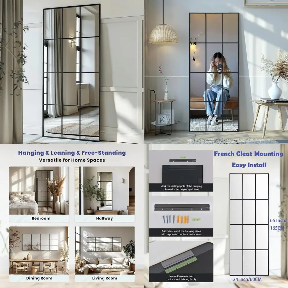 Full Length Art Pane Wall Mirror 65x24 for Farmhouse Decor - Leaning or Hanging, Ideal for Bedroom and Living Room