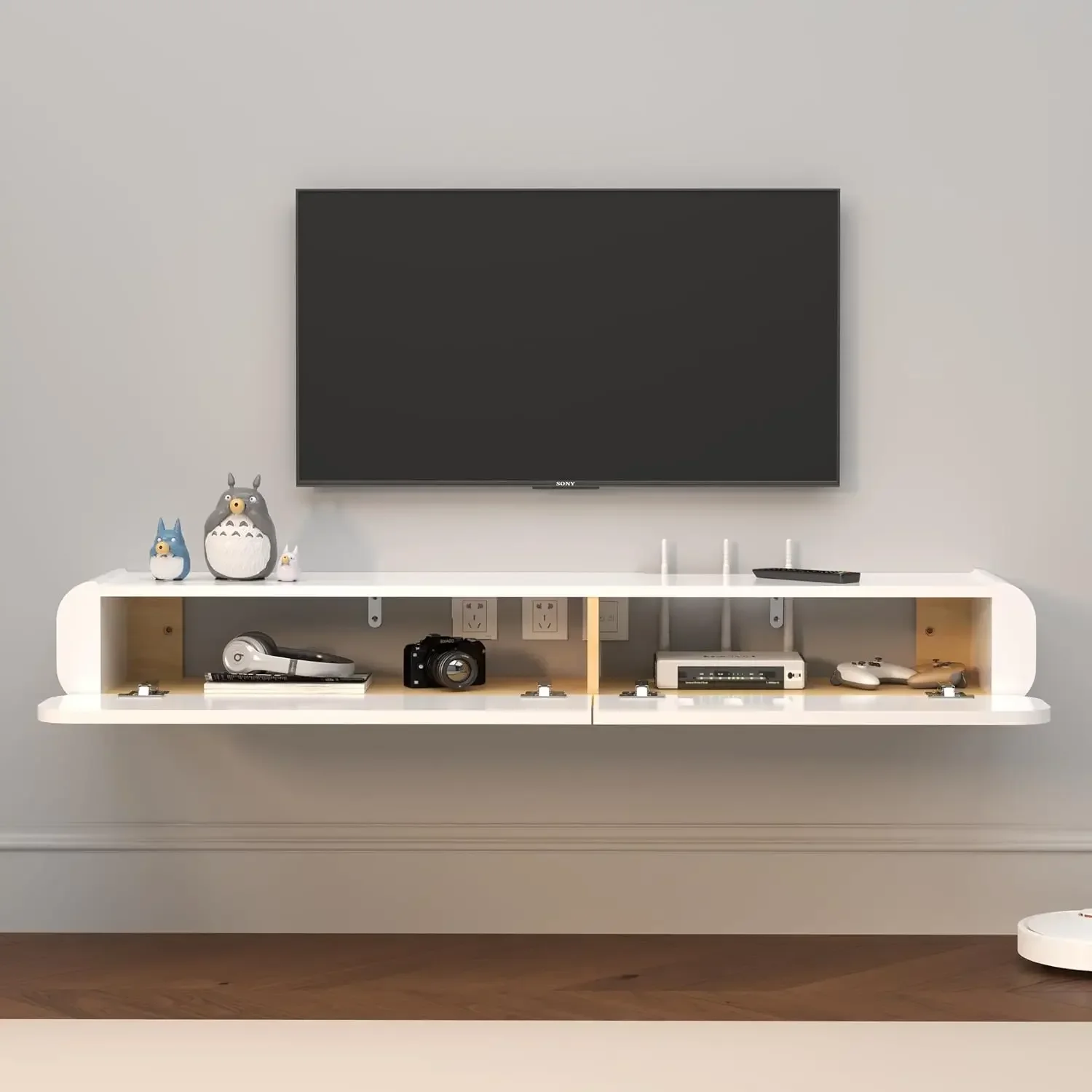 

Floating TV Stand in Solid Wood, 52'' High Gloss Wall Mounted TV Cabinet, Floating TV Shelves with 2 Large Doors