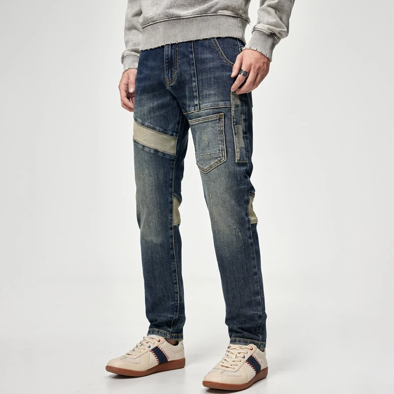 

Streetwear high-end fall and winter splicing color patch men's jeans Slim small straight leg gang handsome pants