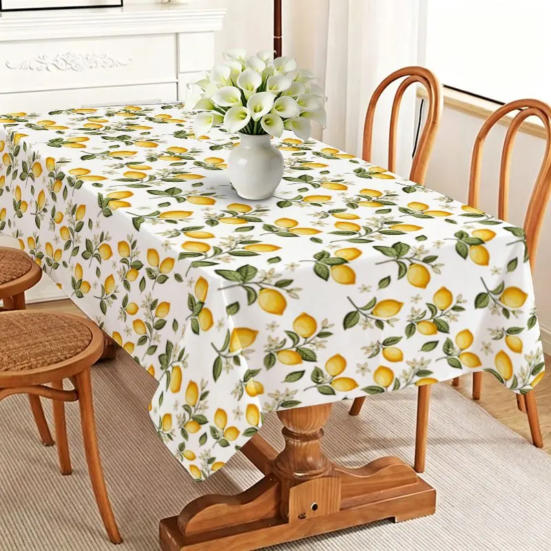 1pc,Summer Rectangular Tablecloth, Hand-Painted Lemon Branches with Bright Yellow Fruit And Olive Green Leaves, Durable, Easy-Clean, Ideal for Kitchen Table And Balcony Table.