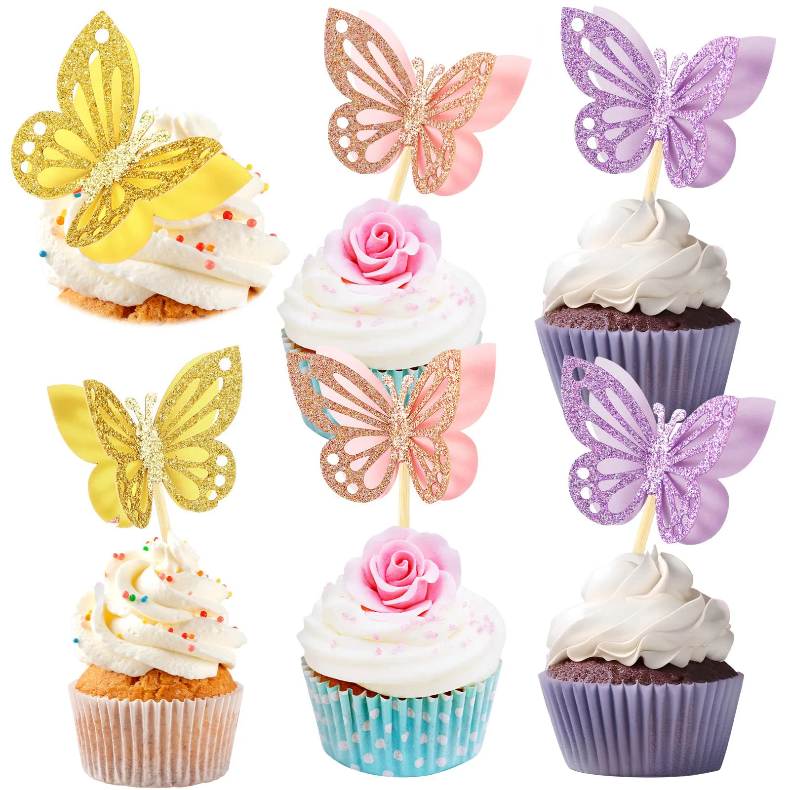 Butterfly Cupcake Toppers Assembled Double Layer Cupcake Topper 3D Glitter Cupcake Topper Butterfly Cocktail Pick Decoration