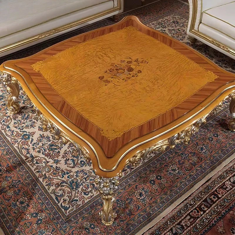 

Villa living room furniture, solid wood carving flower veneer parquet luxury tea table, square coffee table