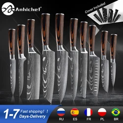 Profesjonalne noże kuchenne ze stali nierdzewnej 7CR17 440C Laser Damascus Japanese Santoku Cleaver Slicing Utility Chef Knife Set