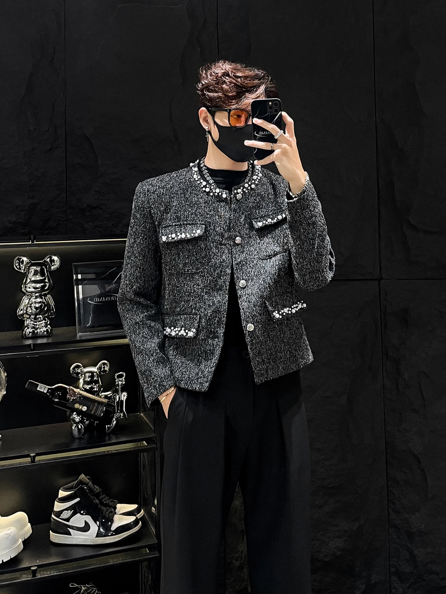 

Pearl Decorated ort Jaet for Men Korean Sle Loose Fit Autumn Faion Youth Trend Button Closure Outerwear