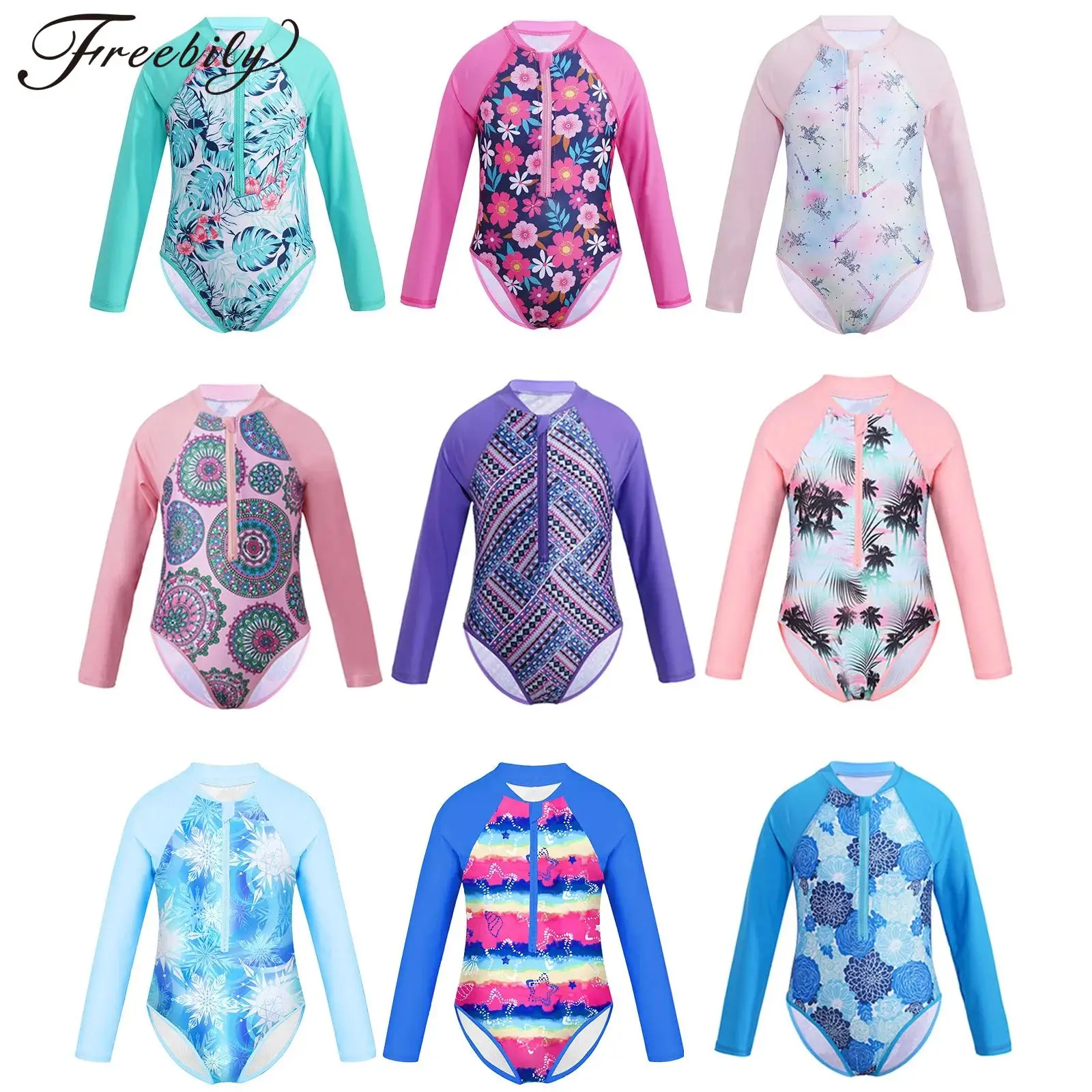 Kids Girls One-piece Swimsuit Long Sleeves Palm Printed Swimwear  Bathing Suit Sun Protection Rash Guard Surfing Diving Swim Top