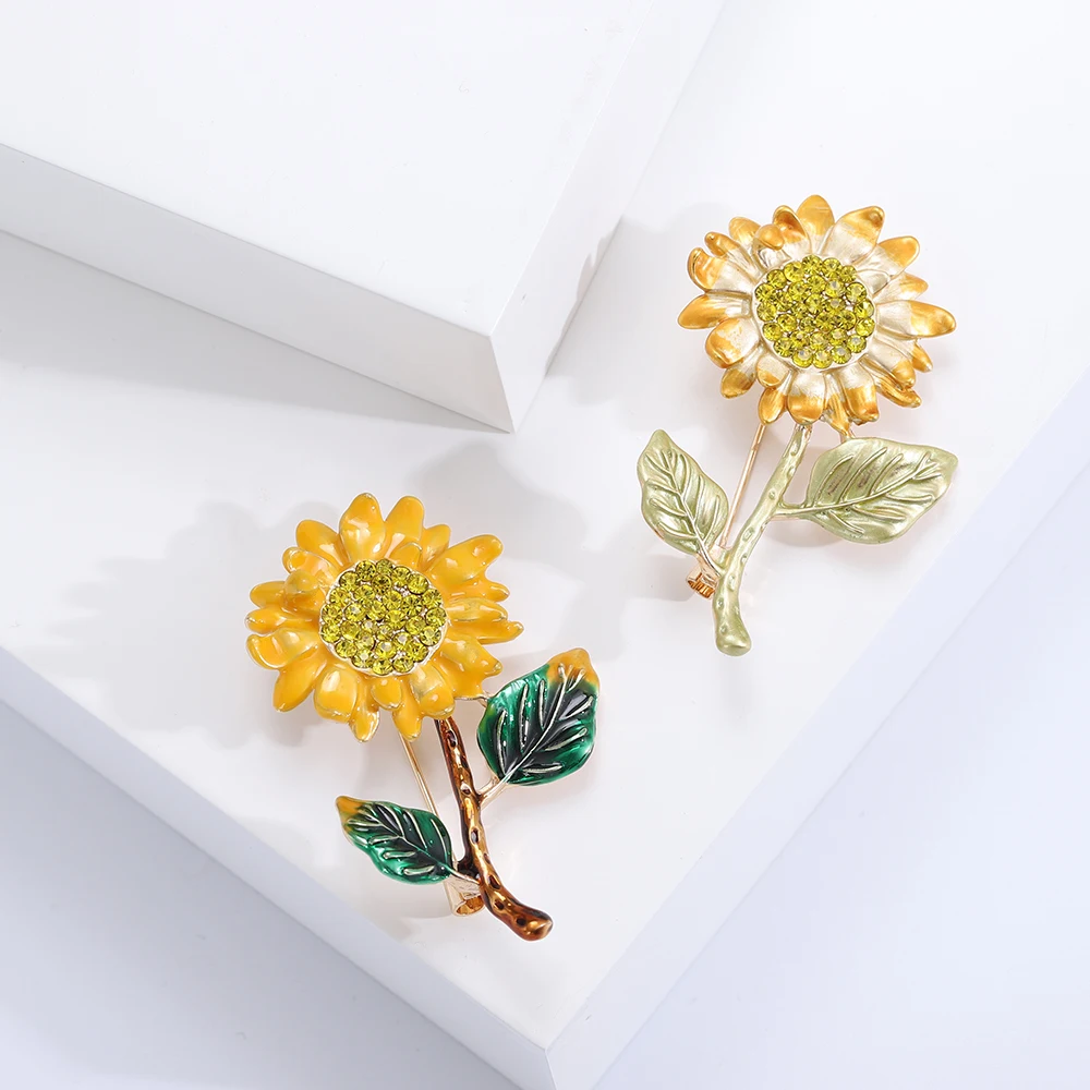 Enamel Sunflower Pin for Women Rhinestone flowers Brooches Plant Lapel Pins Office Party Gifts Accessories