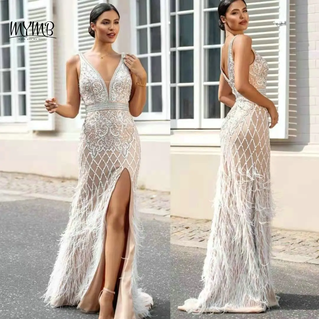 

MYMB Dubai White Sexy Plunging Neckline Girl Princess Dress For Wedding Party Stunning Beaded Feathers Mermaid Slit Evening Gown