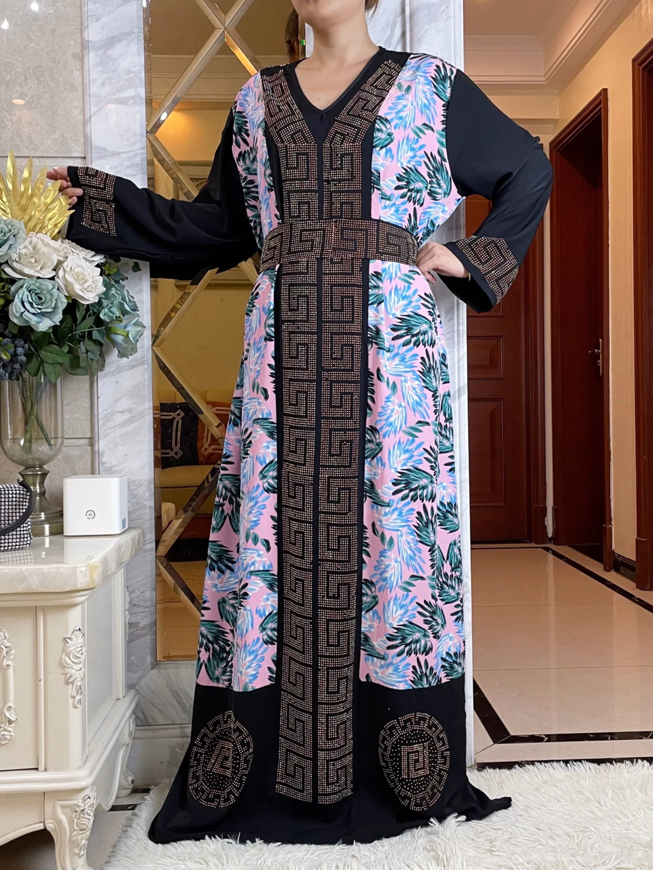 2023African Dresses For Women Autumn  Long Sleeve V-neck With Belt and Scarf  Abaya Robe Ramadan Prayer Diamonds Islamic Clothes