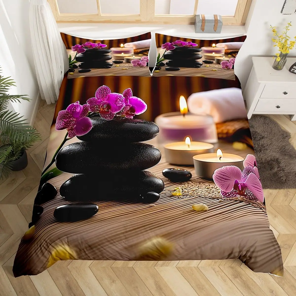 Minimalist Zen Stone Duvet Cover Boho Comforter Cover Purple Flowers Twin Bedding Set,Black Stones Print Bed Set for Girls Woman